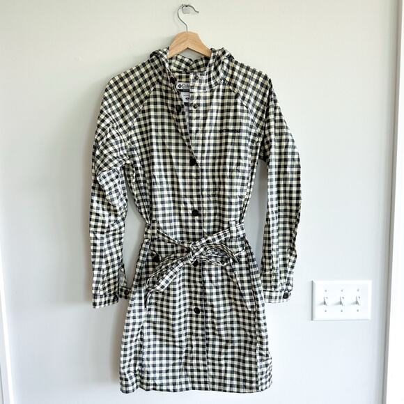 Columbia Plaid Belted Hoodie Waterproof Trench Raincoat Black Ivory M - Picture 1 of 12